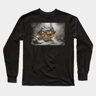 Magical Fantasy House with Lights in a Snowy Scene, Fantasy Cottagecore artwork Long Sleeve T-Shirt